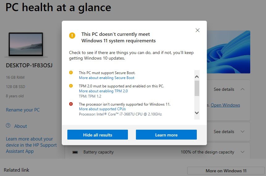Windows PC Health Check app showing computer does not meet Windows 11 system requirements including TPM 2.0 and processor compatibility