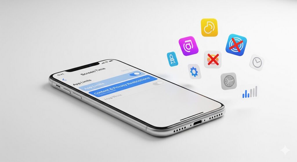 iPhone displaying Screen Time settings with Content & Privacy Restrictions highlighted, surrounded by floating app icons including blocked and restricted apps on gray background