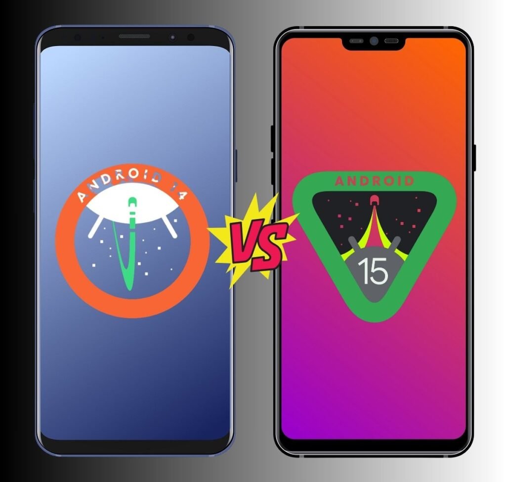 Two smartphones side by side comparing Android 14 and Android 15, with Android 14 shown on left phone with blue gradient background and circular logo, Android 15 on right phone with orange-pink gradient background and shield-shaped logo, connected by a colorful 'VS' graphic in the center