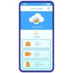 Cloud storage mobile app interface showing 12 GB available space with upload options for photos (475 photos, 2.3 GB), videos (265 videos, 7.3 GB), and documents (142 documents, 1.3 GB)