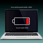 Laptop showing error code list percent health D0302 with low battery warning