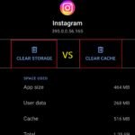 Screenshot of Instagram app storage settings showing 464 MB app size, 268 MB user data, 516 MB cache, and 1.25 GB total, with Clear Storage and Clear Cache options highlighted