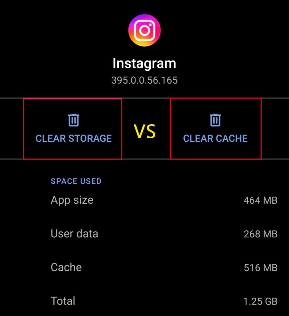 Screenshot of Instagram app storage settings showing 464 MB app size, 268 MB user data, 516 MB cache, and 1.25 GB total, with Clear Storage and Clear Cache options highlighted