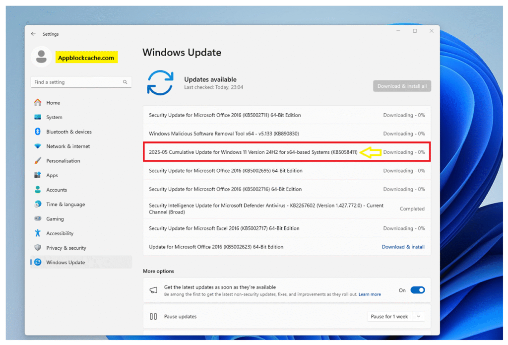 Windows 11 Settings showing KB5058411 cumulative update downloading in Windows Update interface with red highlight box around the update entry