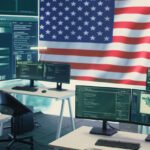 Modern government office workspace with multiple computer monitors displaying software audit dashboards and data analytics, with American flag in background representing US federal agency technology operations