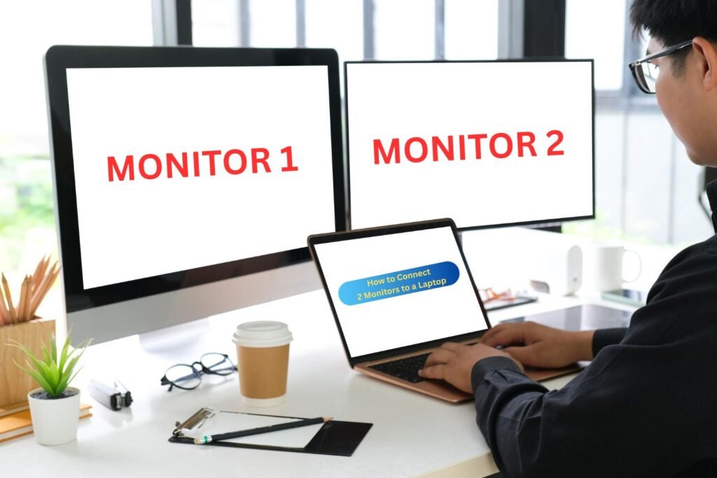 Professional working at a clean white desk with a laptop displaying 'How to Connect 2 Monitors to a Laptop' guide, connected to two external monitors labeled 'MONITOR 1' and 'MONITOR 2', demonstrating a dual monitor setup in a modern office environment with natural lighting.