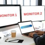 Professional working at a clean white desk with a laptop displaying 'How to Connect 2 Monitors to a Laptop' guide, connected to two external monitors labeled 'MONITOR 1' and 'MONITOR 2', demonstrating a dual monitor setup in a modern office environment with natural lighting.