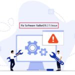 Illustration of technicians fixing Software Ralbel28.2.5 issue with tools and warning error sign on computer screen.
