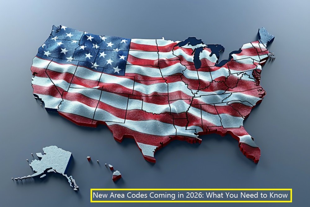 3D map of the United States with American flag overlay showing regions getting new area codes in 2026 including NYC, Colorado, and Mississippi
