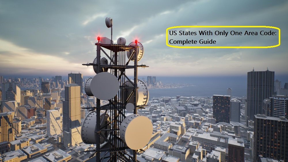 Telecommunications tower with satellite dishes and antennas overlooking a snowy city skyline, representing area code infrastructure in US states