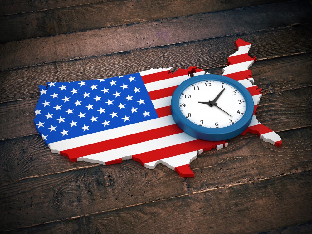 US time zones map with American flag and clock illustration showing time differences across United States