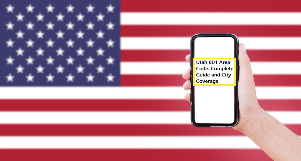Hand holding smartphone displaying Utah 801 area code guide against American flag background