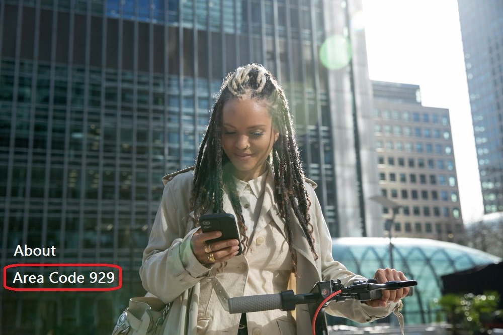 Young professional checking 929 NYC area code phone number on mobile device in Manhattan business district