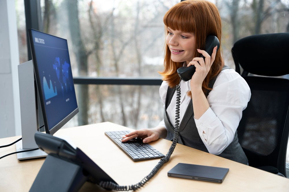 Woman in business attire talking on landline phone at desk, demonstrating North American Numbering Plan telecommunications in office